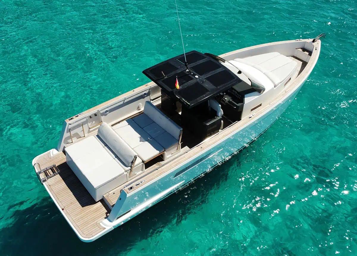 Fjord 40 anchored in turquoise water off Ibiza