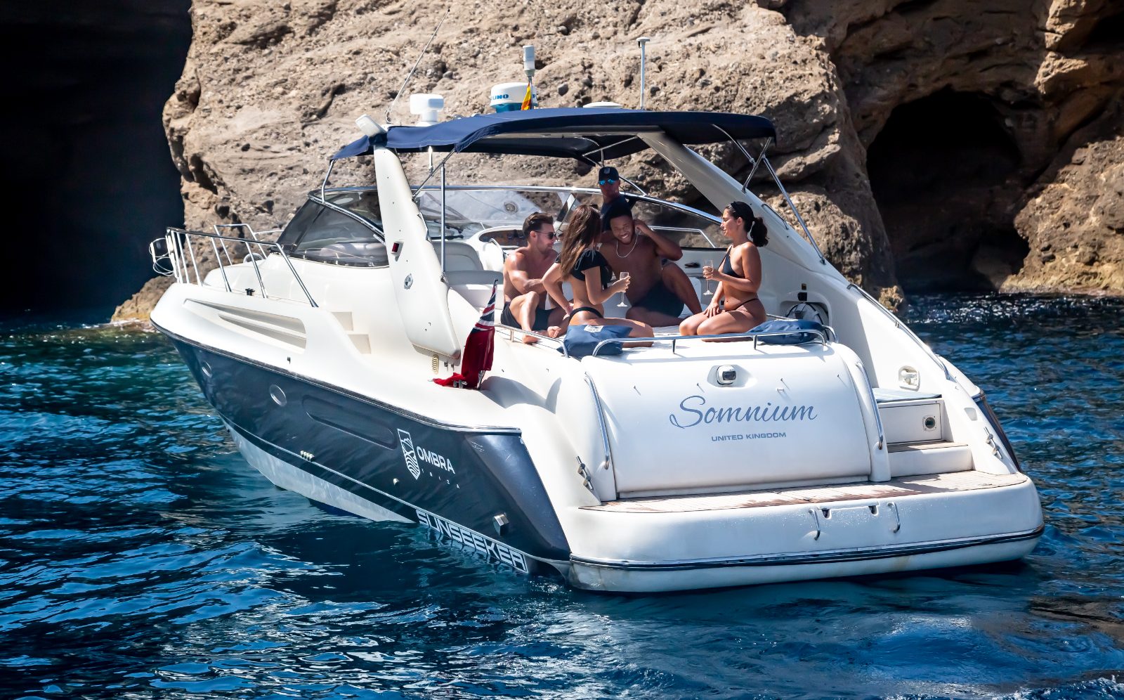 Sunseeker 50ft Somnium anchored in a cove off Ibiza